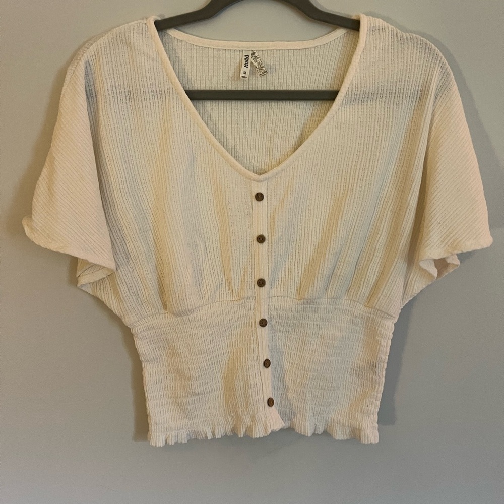 Mudd Cream Cap Sleeve Smocked Crop Blouse